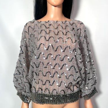 Vintage 80s Silver Metallic Sequin Glitter Ribbon Dolman Sleeve Party Blouse Size M 