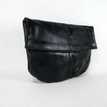 Black Leather Fold Over Flap Purse 1980s Clutch Bag Vintage Black Genuine Leather Handbag 1970s Leather Clutch Bag 