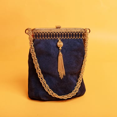 80s Navy Velvet Gold Tassel Purse Vintage Ornate Folded Chain Strap Elegant Evening Bag 