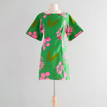 Fabulous 1960's Kelly Green & Fuchsia Hawaiian Mini Dress / Sz M
