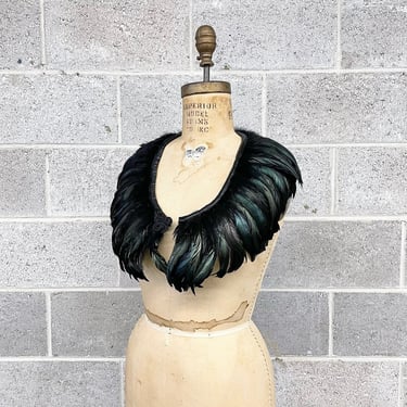 Vintage Feather Collar Retro 1990s Handmade + Black + Iridescent + Coque Rooster Feathers + Caplet + Shrug Cape + Gatsby + Costume Accessory 