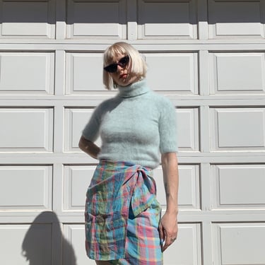 Vintage 90s Pastel Plaid Linen Wrap Skirt 