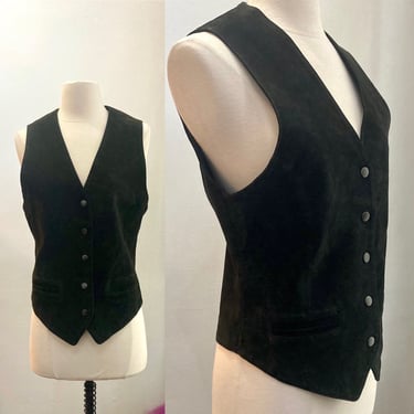 Vintage 70’s 80's VEST Waistcoat / Black SUEDE / Snap Front + Pockets / Fitted  Details / Made in Korea / M 