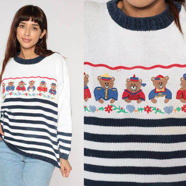 Teddy Bear Sweater 90s White Striped Embroidered Knit Sweater Floral Hearts Boho Cute Kawaii Retro Pullover Knitwear Vintage 1990s Medium M 