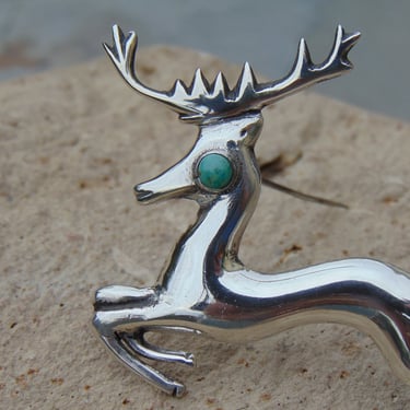 Vintage Mexico Silver Leaping Buck Deer with Green Eye - c. 1930's - 1940's 