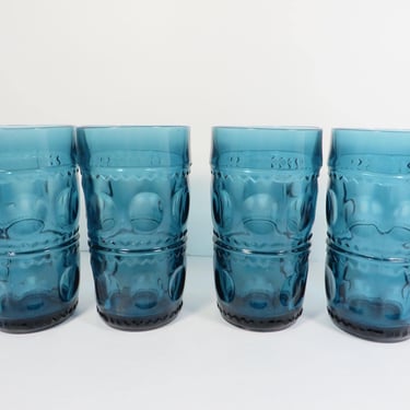 Mid Century King's Crown Blue Thumbprint Tumblers - Set of 4 Indiana Glass Thumbprint Glasses 