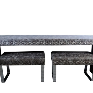 Modern Faux Python Covered Parsons Console Table with 2 Chrome Ottomans 