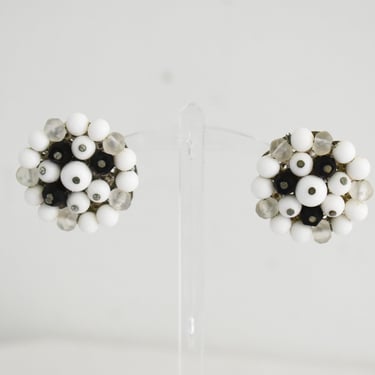 1960s White and Black Bead Cluster Clip Earrings 