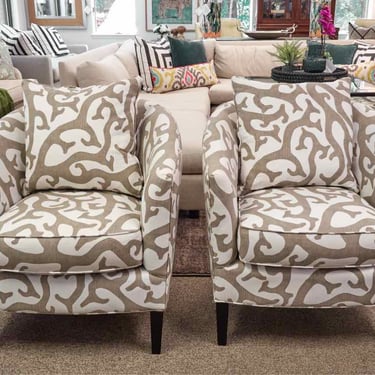 Pair of Boston Interiors Charlize Chairs in Mushroom &amp; White Coral Print
