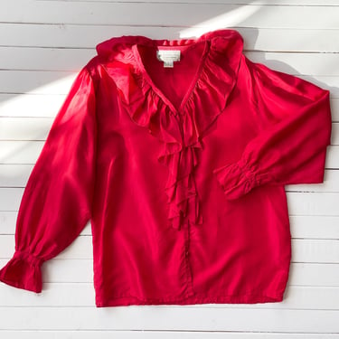 red silk blouse 80s 90s vintage ruffled collar billowy poet blouse 