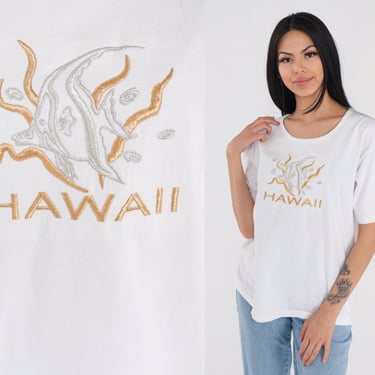 Hawaii T-Shirt 90s Tropical Fish Shirt Metallic Embroidered Graphic Tee Diving Under the Sea Travel Hawaiian White Vintage 1990s Large L 