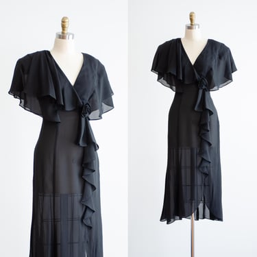 sheer black dress 80s vintage black chiffon see through flutter sleeve midi dress 