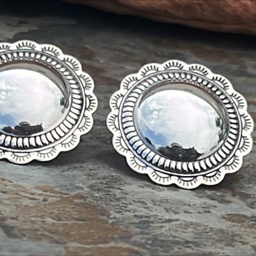 Vintage Cowgirl Southwestern Sterling Silver Round Concho Post Earrings with Scalloped Edges 