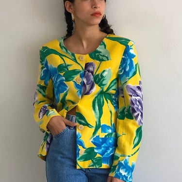 90s silk linen blazer / vintage neon yellow tropical floral botanical cropped crewneck silk linen lightweight blazer | Small 