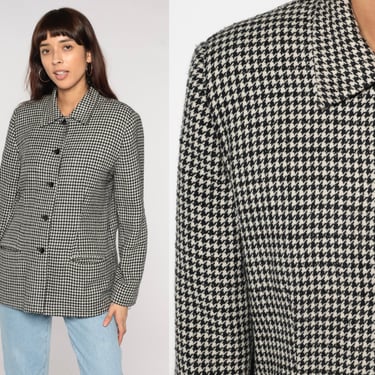 Houndstooth Jacket 90s Checkered Blazer Retro Preppy Plaid Black White Button Up Tartan Clueless Chic Coat Office Vintage 1990s Large L 12 