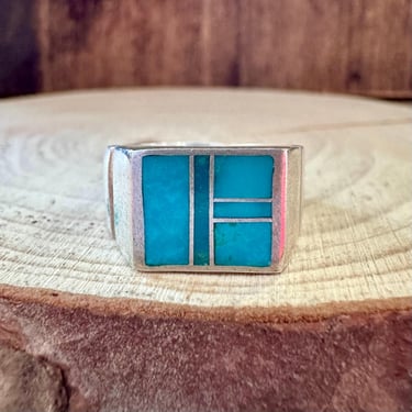 OCEAN BLUE Turquoise & Sterling Silver Geometric Inlay Ring Mens | Native American Handmade Sterling Silver | Southwestern Jewelry | Size 10 