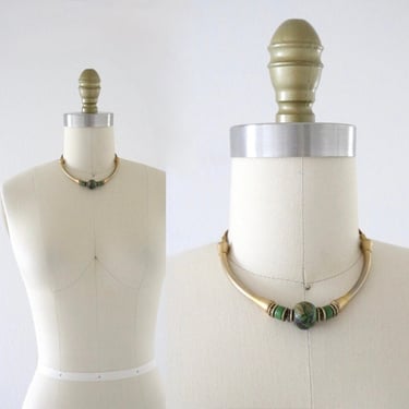 beaded brass necklace - vintage 80s 90s womens golden gold tone green hand painted bead  leather choker 