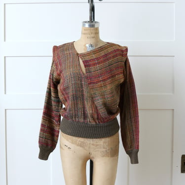 archival vintage 1970s ~ early 80s artisan hand woven sweater • Allen / Veness earth tone silk & cotton bohemian space-age top 