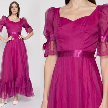 XS 70s Magenta Chiffon Puff Sleeve Gown | Vintage Ribbon Trim Formal Maxi Prom Dress 