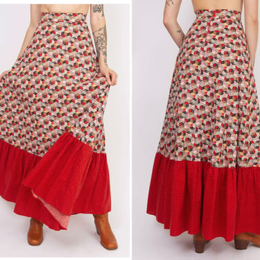 Vintage 1970s 70s High Waisted Red Patchwork Full Length Maxi Skirt w/ Ruffled Hemline 