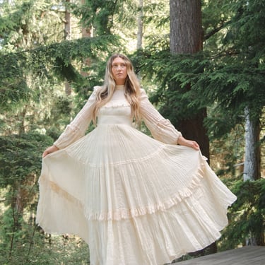 1970s Victorian Style Wedding Dress, Gauzy Natural Cotton + Lace Boho Prairie Dress, Sweeping Skirt, High Neck, Long Sheer Poet Sleeves 