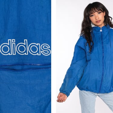 ADIDAS Hooded Jacket -- 90s Hood Lined Windbreaker Coat Nylon Blue Hooded Sports Vintage 1990s Streetwear Sportswear Hoodie Stripes Large L 