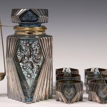 1930s Czech Art Deco Silver Overlay Blue Art Glass Liqueur Service Olive Jar Decanter & Cordial Glasses Set 