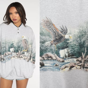 Eagle Sweatshirt 90s Henley Sweatshirt Wild Animal Bird Graphic Shirt Wildlife Sweater Heather Grey Front Back Print Retro Vintage 1990s XL 