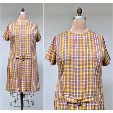 Vintage 1960s Volup Plaid Cotton Drop Waist Shift, Mid-Century Day Dress with Box Pleated Skirt, Size 1X 16W 