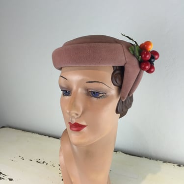 Cherry Picked - Vintage 1950s Mauve Pink Fur Felt Wool Pill Box Hat w/Cherries 
