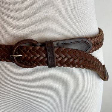 80’s 90’s brown Leather belt~braided leather slim skinny trousers belt~ woven dark brown boho /open size up to XL 