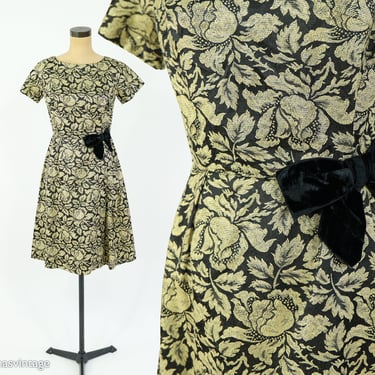 1950s Gold & Black Cocktail Dress | 50s Black Gold Brocade Sheath Dress | Medium 