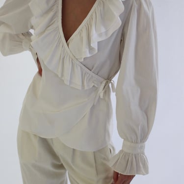 Vintage Crisp White Ruffled Wrap Blouse