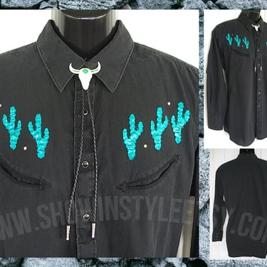 Vintage Western Men's Cowboy and Rodeo Shirt by Prior, Made in the U.S., Black with Embroidered Cactuses, Tag  Size Large (see meas. photo) 