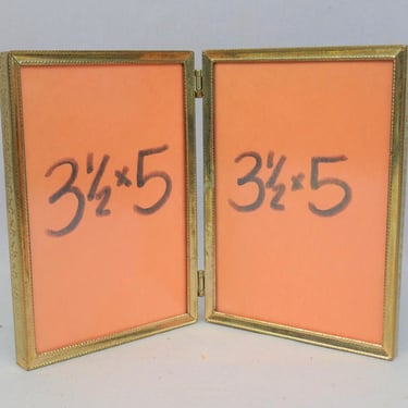 Vintage Hinged Double Picture Frame - Gold Tone Metal w/ Non-Glare Glass - Holds Two 3 1/2" x 5" Photos - 3.5x5 Frames 