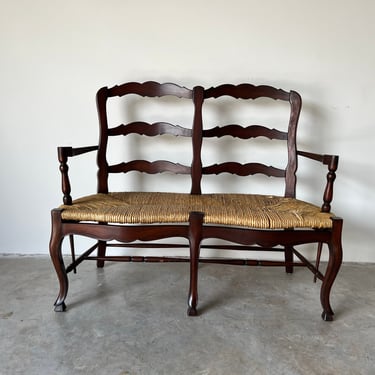 Vintage French Country Chic 2 Seater Ladderback Settee Rush Seat 