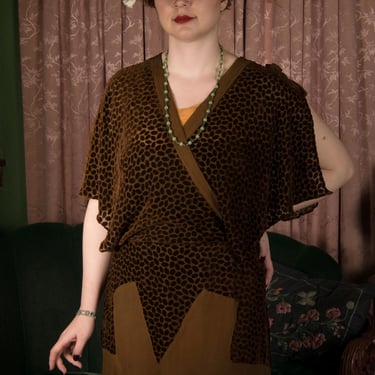 1930s Dress - Early 30s VOLUP Devore and Bias Cut Silk Chiffon Dress, Wounded Bird, As Is 