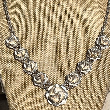Vintage Mexico Sterling Silver Rose Flower Link Necklace 