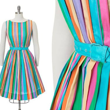Vintage 1960s Dress | 60s Rainbow Striped Pleated Satin Fit and Flare Belted Party Dress (x-small/small) 