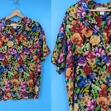 Vintage 90s The Limited Colorful Floral Silk Short Sleeve Button Up Shirt - Medium 