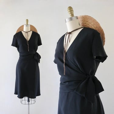 black wrap dress - l - vintage 90s y2k size large minimal simple tie spring summer knee dress classic 
