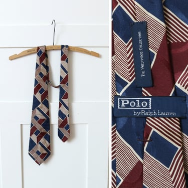 vintage 1990s designer Hollywood Collection necktie • Ralph Lauren navy blue & merlot red 40s style tie 
