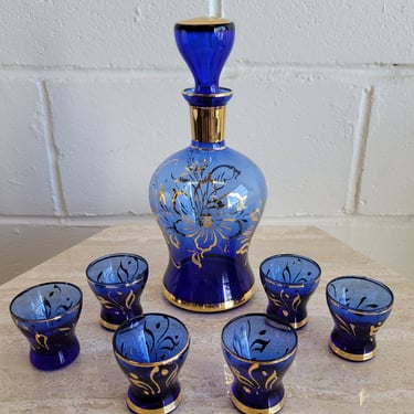 Vintage Czech Glass Decanter With 6 Shot Glasses