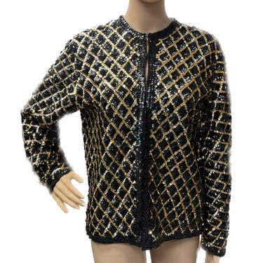 Vintage Black and Gold Sequin Jacket, Sequin Blazer, Criss Cross Pattern Blazer, Retro Sequins Blazer, Formal Blazer. Knit and Sequins 