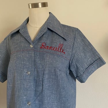 Vintage 70s Chambray Chain Stitched  Novelty Bowling Tee; 50s Flocked Graphic Button Down Fitted with Logo; 70s Typography Graphic Blouse L 