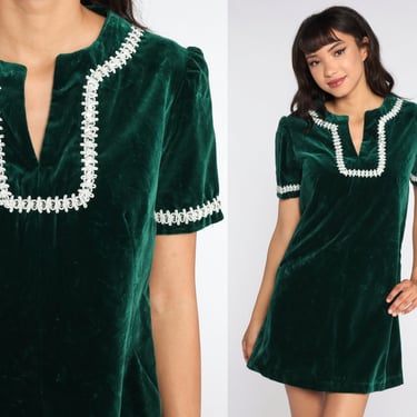 Velvet Mini Dress 60s Mod Party Green Velvet Dress Vintage Cocktail Shift PUFF SLEEVE 70s Formal Fit and Flare MiniDress Medium 