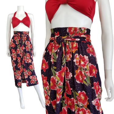 Vintage Floral Beach Skirt, Medium / Red Lily on Navy Blue Beach Skirt / Elastic Tie Waist Tropical Skirt / 1990s Floral Rayon Midi Skirt 