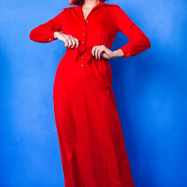 1970s Red Collared Maxi Dress, sz. S