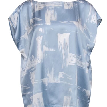Eileen Fisher - Light Blue & White Abstract Print Cap Sleeve Blouse Sz L