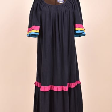 Black Striped Ruffle Sleeve Cotton Midi Dress By Appel, L/XL